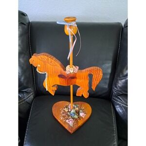 Vintage Handcrafted‎ Wood Carousel Horse Candle Holder Heart Shaped Base